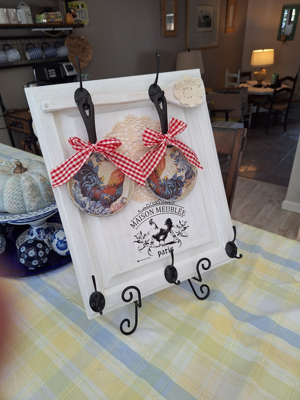 Maison Meublée White Wall Hook Board with Red Gingham Accents